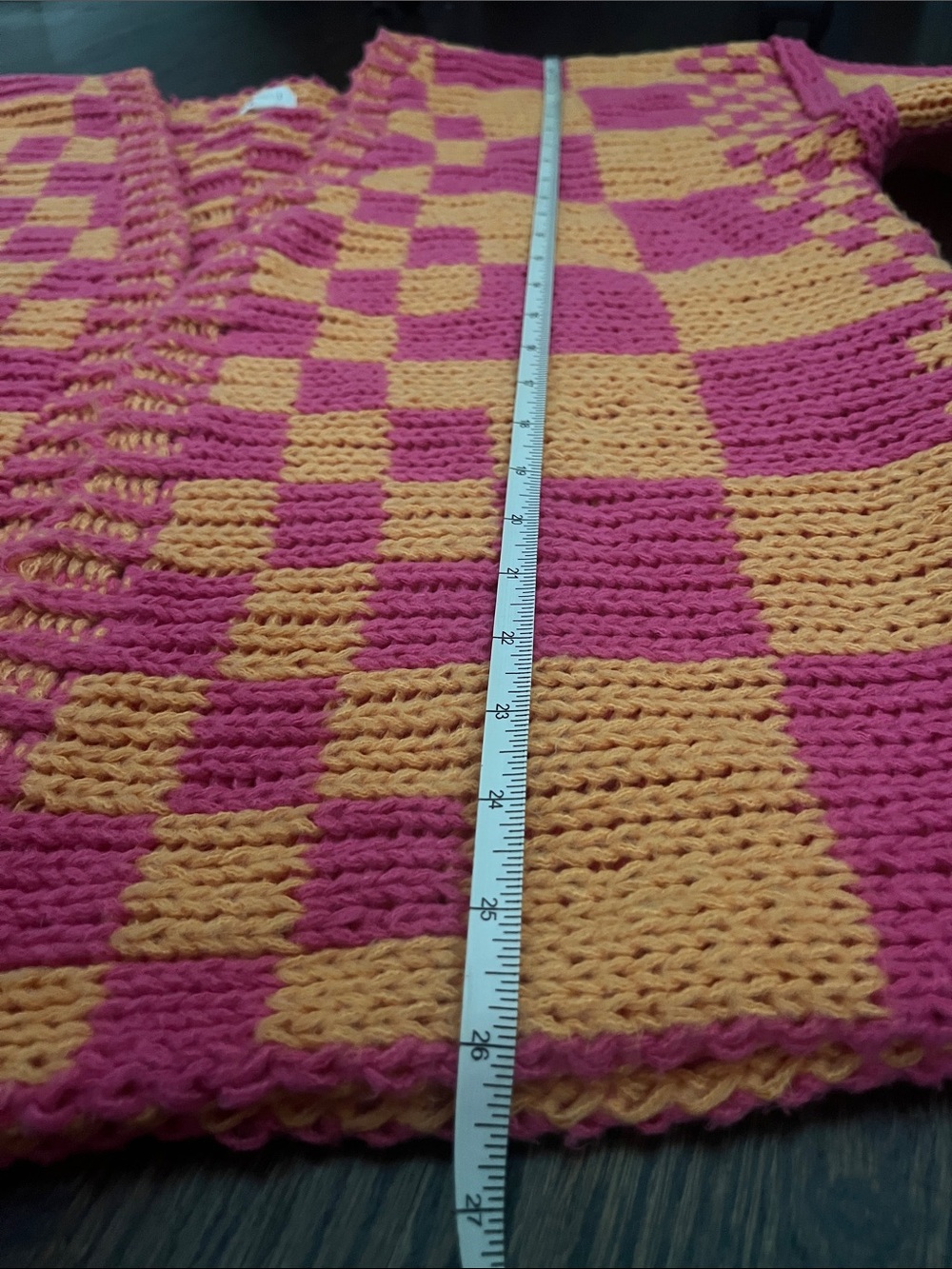 BiBi Pink & Burnt Orange Checkered Chunky Knit Cardigan oversized size S - Picture 6 of 7